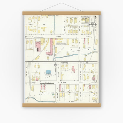 Old map wall art mockup — magnetic wood frame on white wall — Sanborn Fire Insurance Map from Washington, Daviess County, Indiana (1909), Sheet #0007