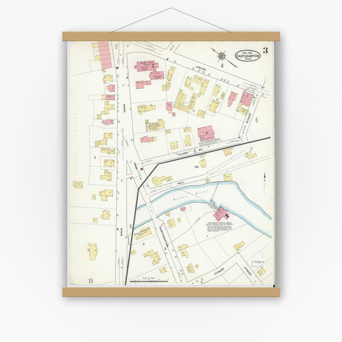 Old map wall art mockup — magnetic wood frame on white wall — Sanborn Fire Insurance Map from East Hampton, Hampshire County, Massachusetts (1916), Sheet #0003