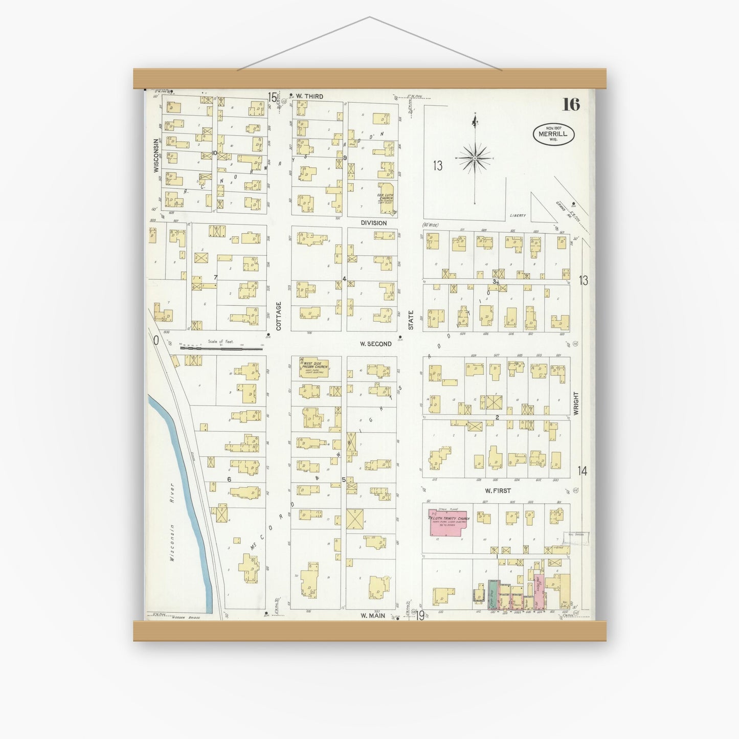 Old map wall art mockup — magnetic wood frame on white wall — Sanborn Fire Insurance Map from Merrill, Lincoln County, Wisconsin (1907), Sheet #0016