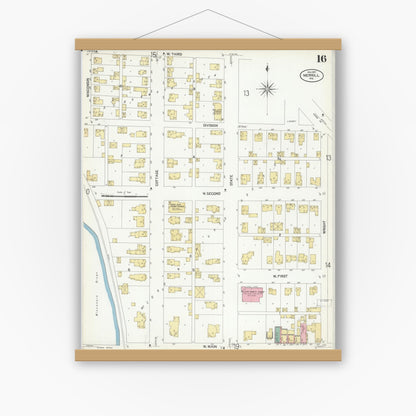 Old map wall art mockup — magnetic wood frame on white wall — Sanborn Fire Insurance Map from Merrill, Lincoln County, Wisconsin (1907), Sheet #0016