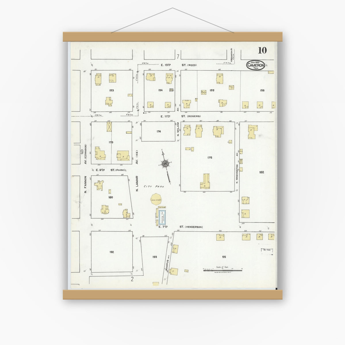 Old map wall art mockup — magnetic wood frame on white wall — Sanborn Fire Insurance Map from Cameron, Milam County, Texas (1920), Sheet #0010