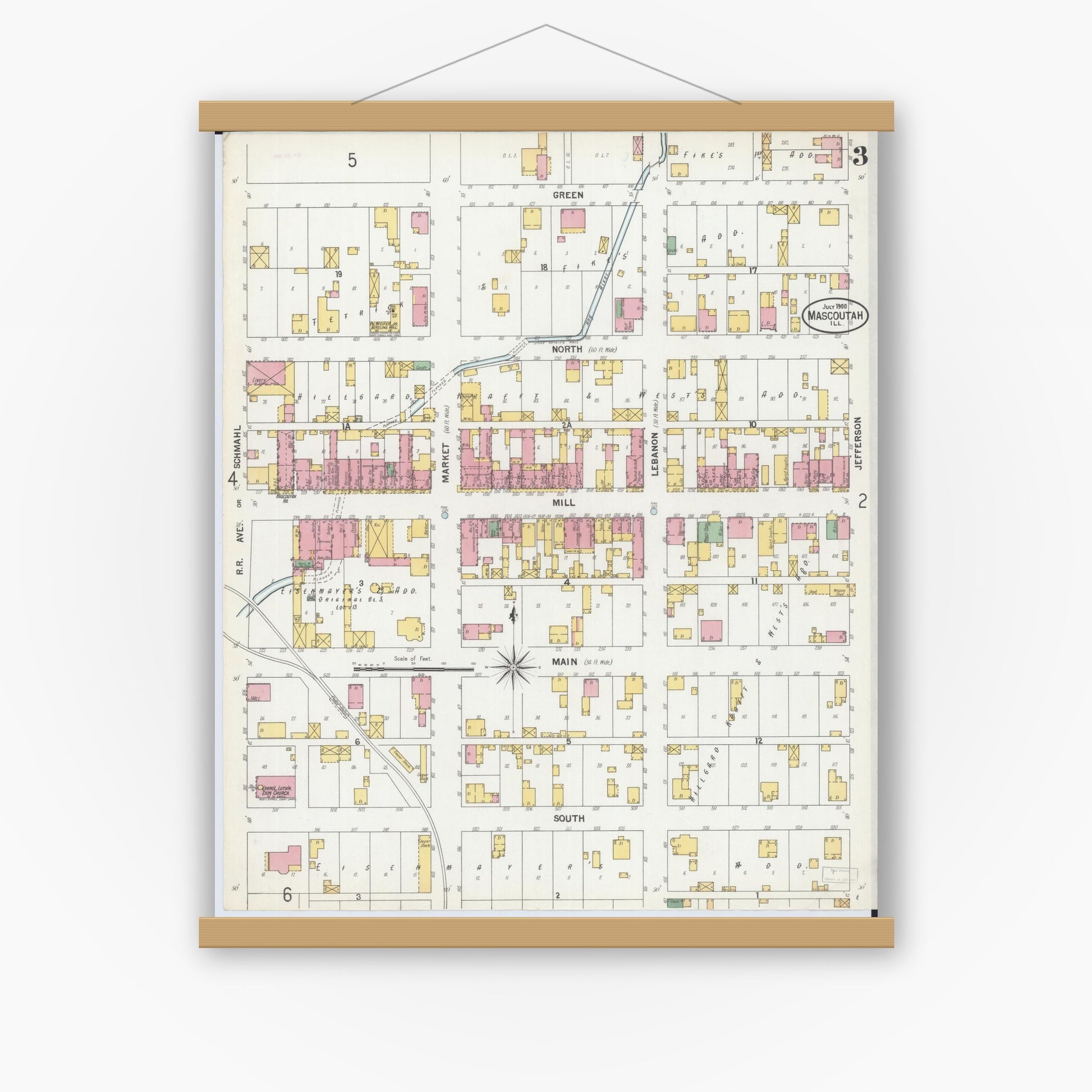 Old map wall art mockup — magnetic wood frame on white wall — Sanborn Fire Insurance Map from Mascoutah, Saint Clair County, Illinois (1900), Sheet #0003