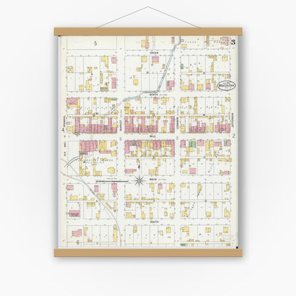 Old map wall art mockup — magnetic wood frame on white wall — Sanborn Fire Insurance Map from Mascoutah, Saint Clair County, Illinois (1900), Sheet #0003