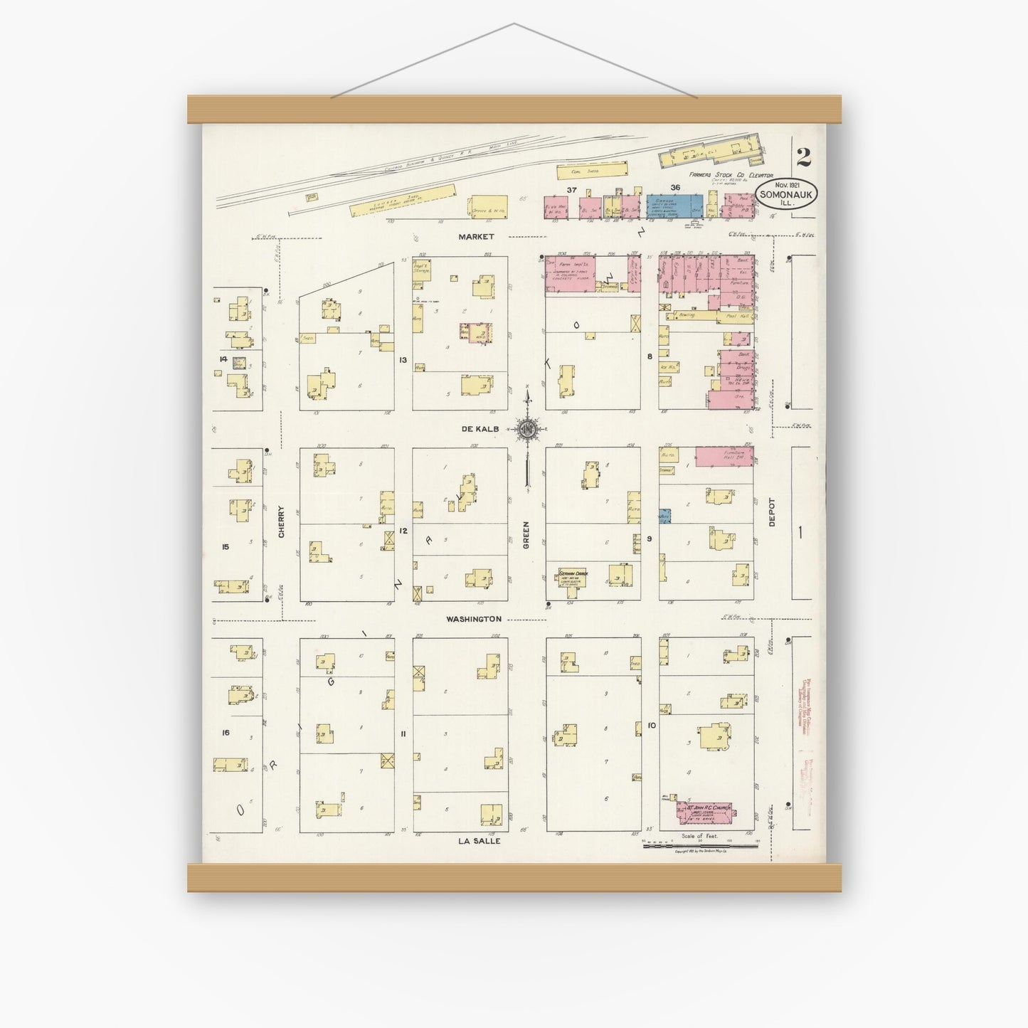 Old map wall art mockup — magnetic wood frame on white wall — Sanborn Fire Insurance Map from Somonauk, De Kalb County, Illinois (1921), Sheet #0002