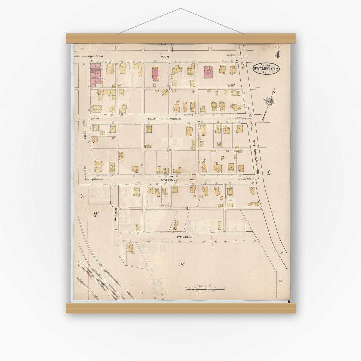 Old map wall art mockup — magnetic wood frame on white wall — Sanborn Fire Insurance Map from West Middlesex, Mercer County, Pennsylvania (1937), Sheet #0004
