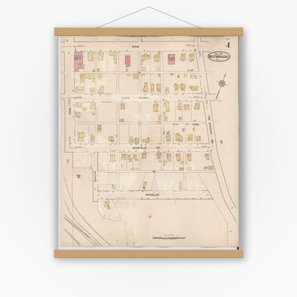 Old map wall art mockup — magnetic wood frame on white wall — Sanborn Fire Insurance Map from West Middlesex, Mercer County, Pennsylvania (1937), Sheet #0004