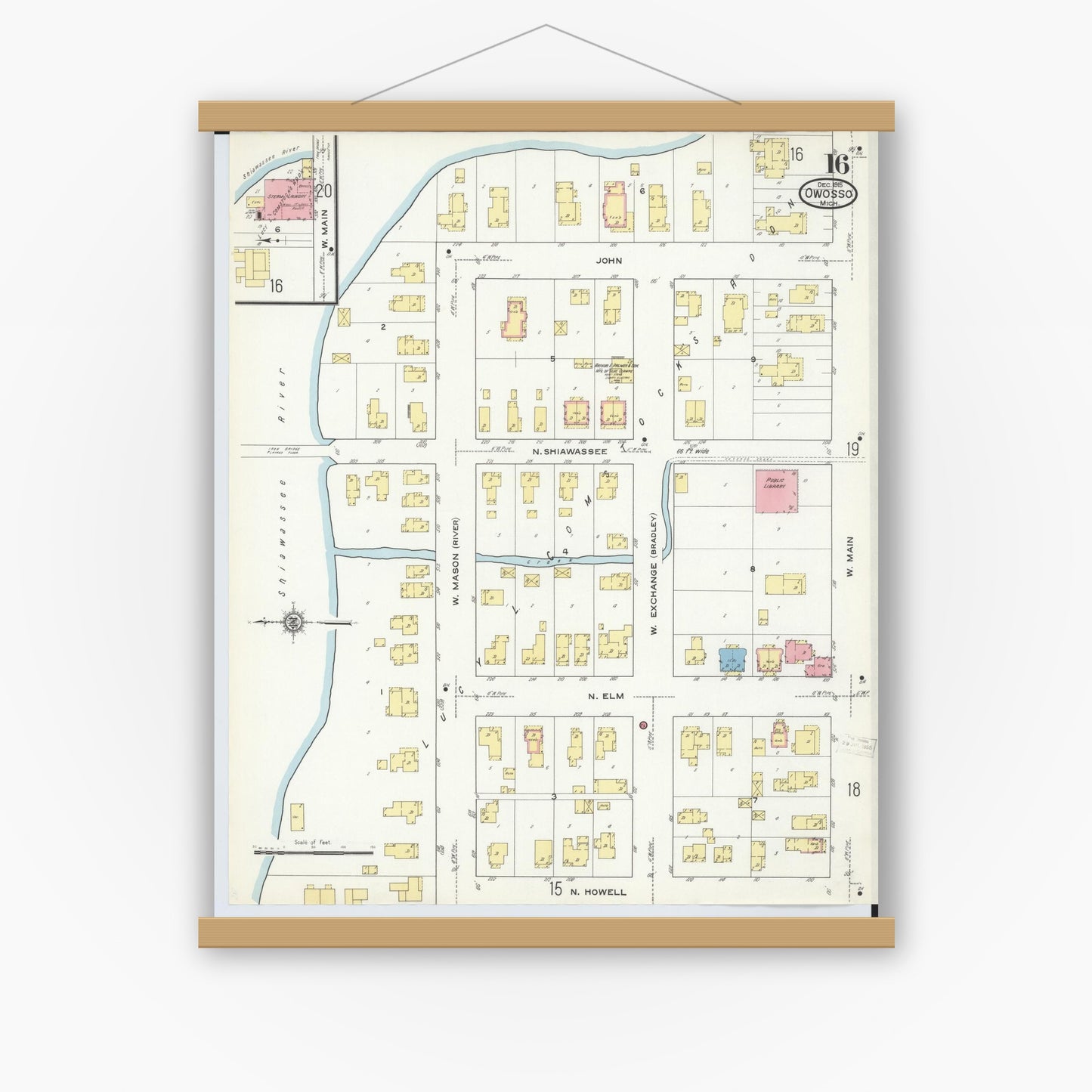 Old map wall art mockup — magnetic wood frame on white wall — Sanborn Fire Insurance Map from Owosso, Shiawassee County, Michigan (1915), Sheet #0016