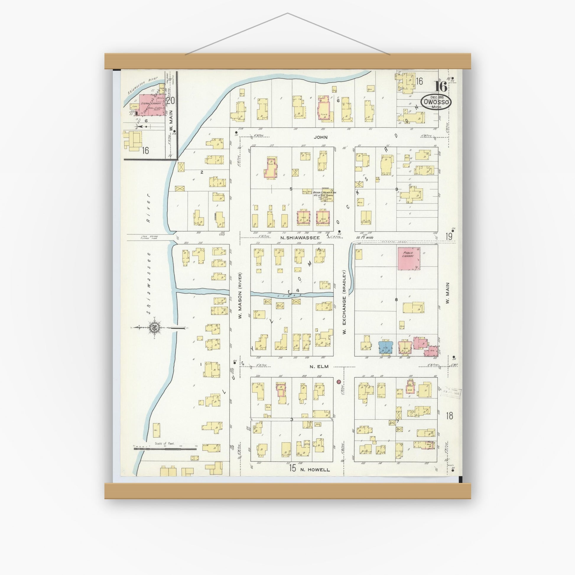 Old map wall art mockup — magnetic wood frame on white wall — Sanborn Fire Insurance Map from Owosso, Shiawassee County, Michigan (1915), Sheet #0016