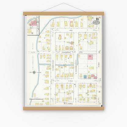 Old map wall art mockup — magnetic wood frame on white wall — Sanborn Fire Insurance Map from Owosso, Shiawassee County, Michigan (1915), Sheet #0016