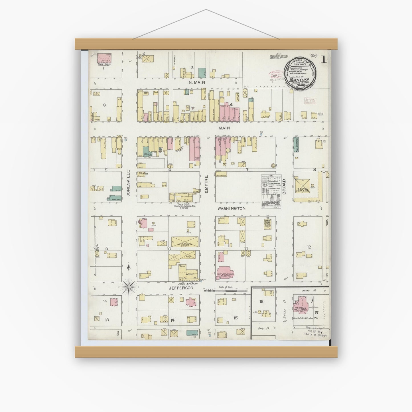 Old map wall art mockup — magnetic wood frame on white wall — Sanborn Fire Insurance Map from Montpelier, Williams County, Ohio (1893), Sheet #0001