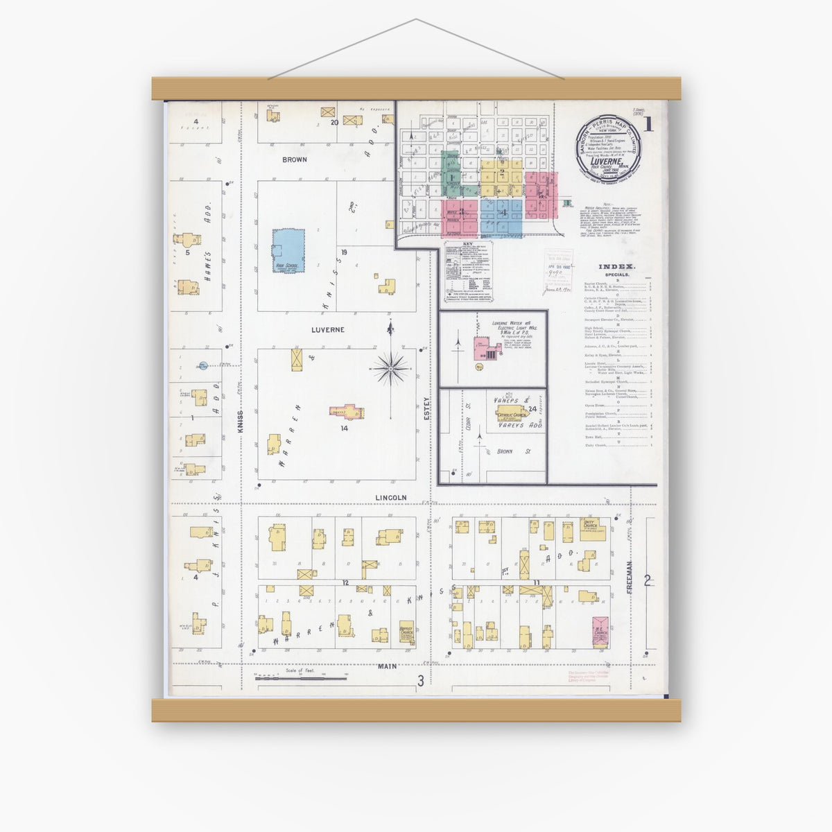 Old map wall art mockup — magnetic wood frame on white wall — Sanborn Fire Insurance Map from Luverne, Rock County, Minnesota (1900), Sheet #0001