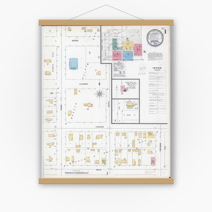 Old map wall art mockup — magnetic wood frame on white wall — Sanborn Fire Insurance Map from Luverne, Rock County, Minnesota (1900), Sheet #0001