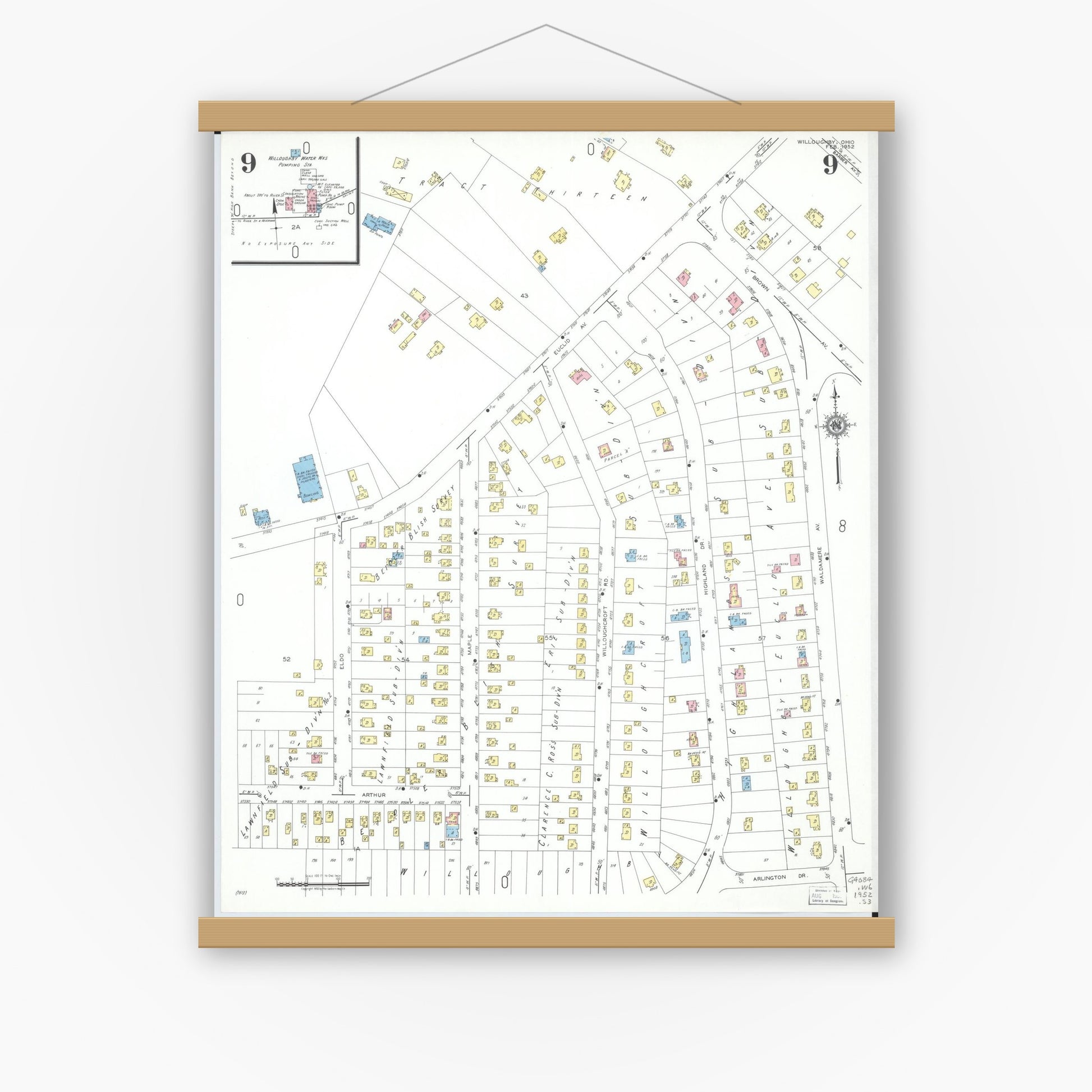 Old map wall art mockup — magnetic wood frame on white wall — Sanborn Fire Insurance Map from Willoughby, Lake County, Ohio (1952), Sheet #0009