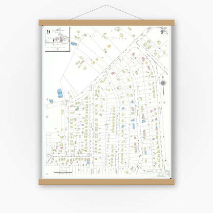 Old map wall art mockup — magnetic wood frame on white wall — Sanborn Fire Insurance Map from Willoughby, Lake County, Ohio (1952), Sheet #0009