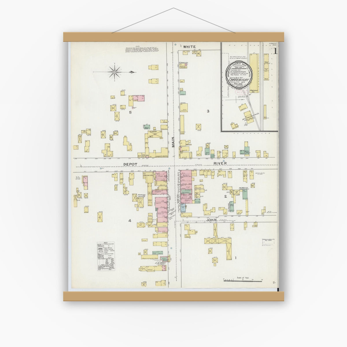 Old map wall art mockup — magnetic wood frame on white wall — Sanborn Fire Insurance Map from Chateaugay, Franklin County, New York (1892) - Complete Map Set
