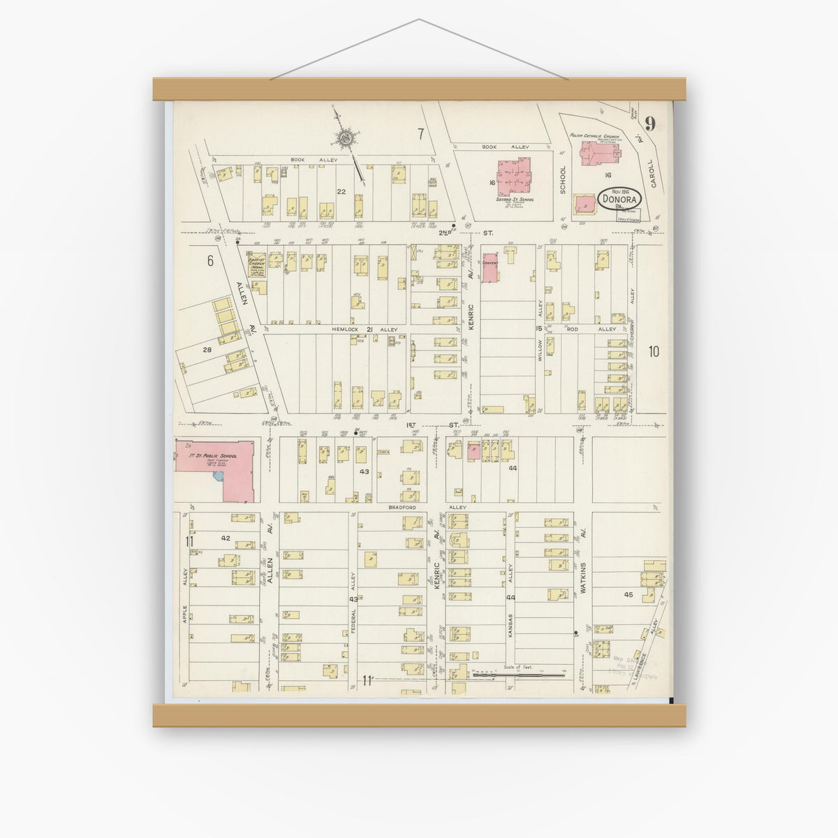 Old map wall art mockup — magnetic wood frame on white wall — Sanborn Fire Insurance Map from Donora, Washington County, Pennsylvania (1914), Sheet #0009