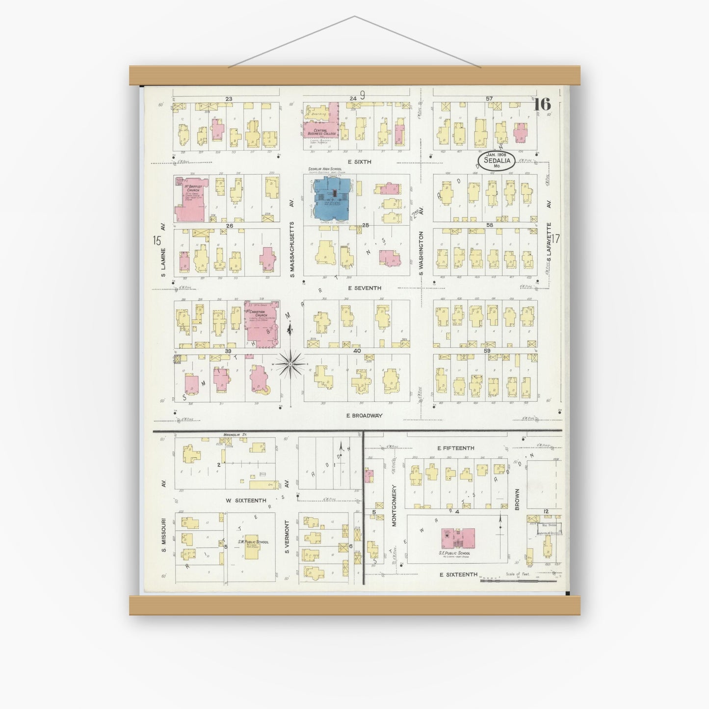 Old map wall art mockup — magnetic wood frame on white wall — Sanborn Fire Insurance Map from Sedalia, Pettis County, Missouri (1908), Sheet #0016