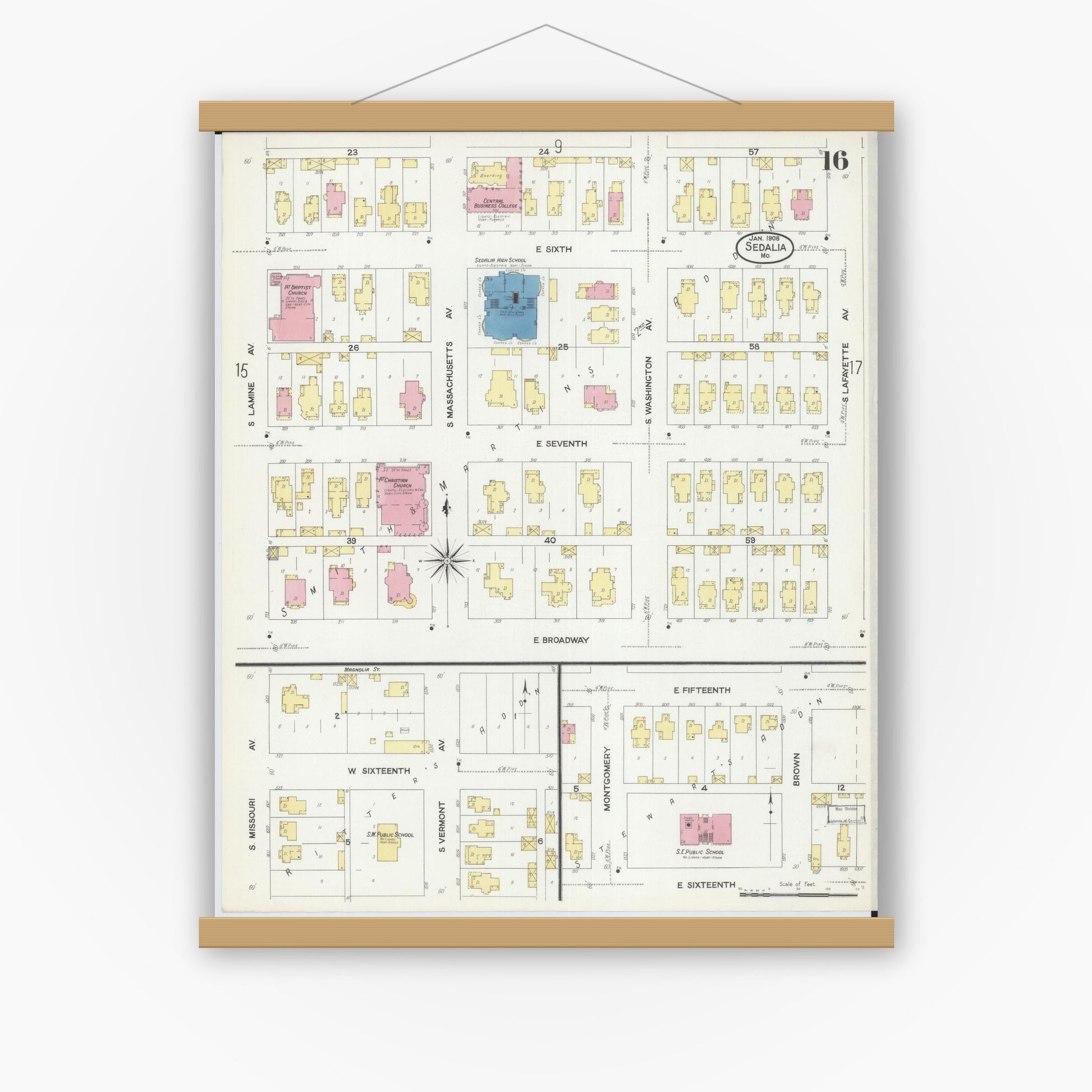 Old map wall art mockup — magnetic wood frame on white wall — Sanborn Fire Insurance Map from Sedalia, Pettis County, Missouri (1908), Sheet #0016