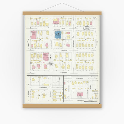 Old map wall art mockup — magnetic wood frame on white wall — Sanborn Fire Insurance Map from Sedalia, Pettis County, Missouri (1908), Sheet #0016