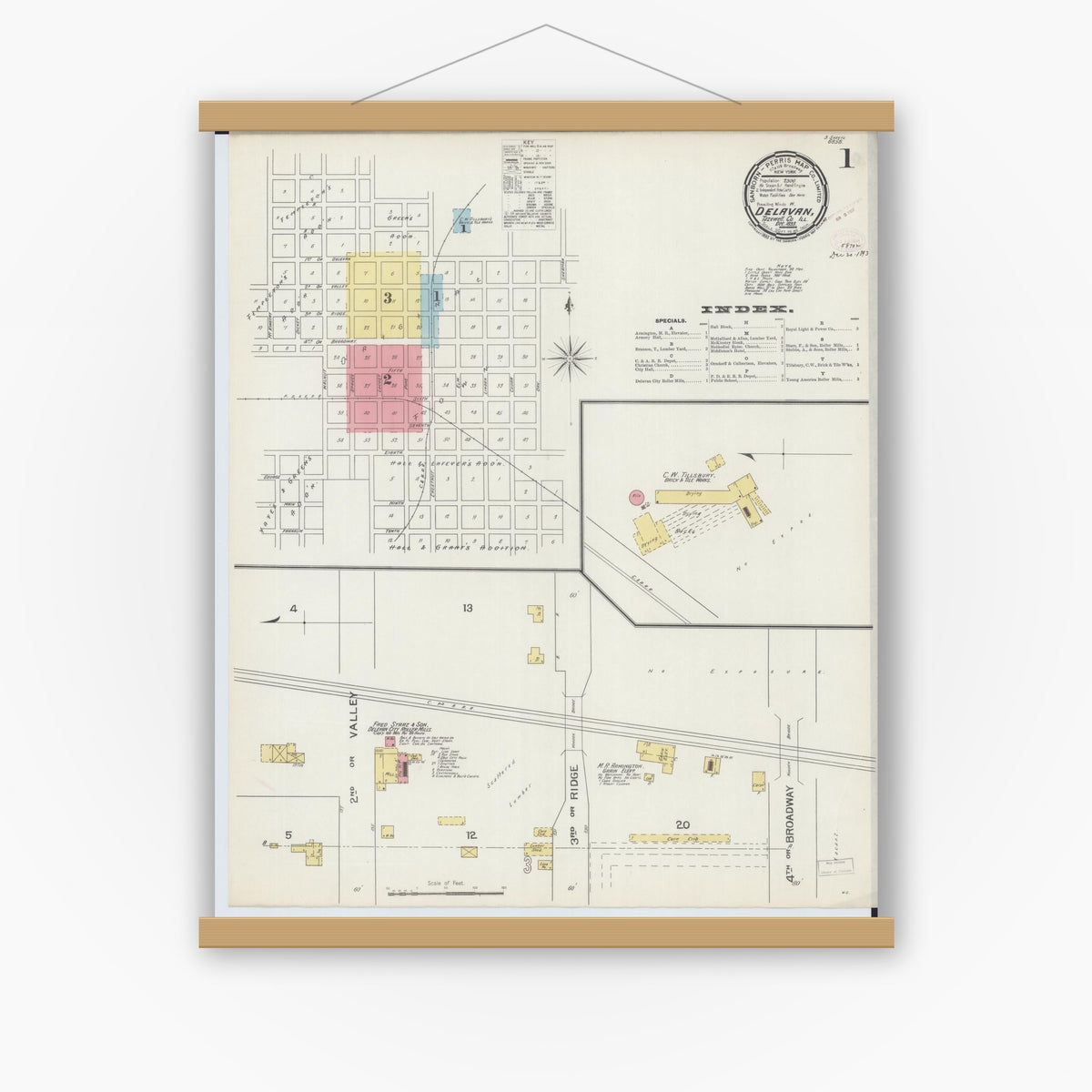 Old map wall art mockup — magnetic wood frame on white wall — Sanborn Fire Insurance Map from Delavan, Tazewell County, Illinois (1893) - Complete Map Set