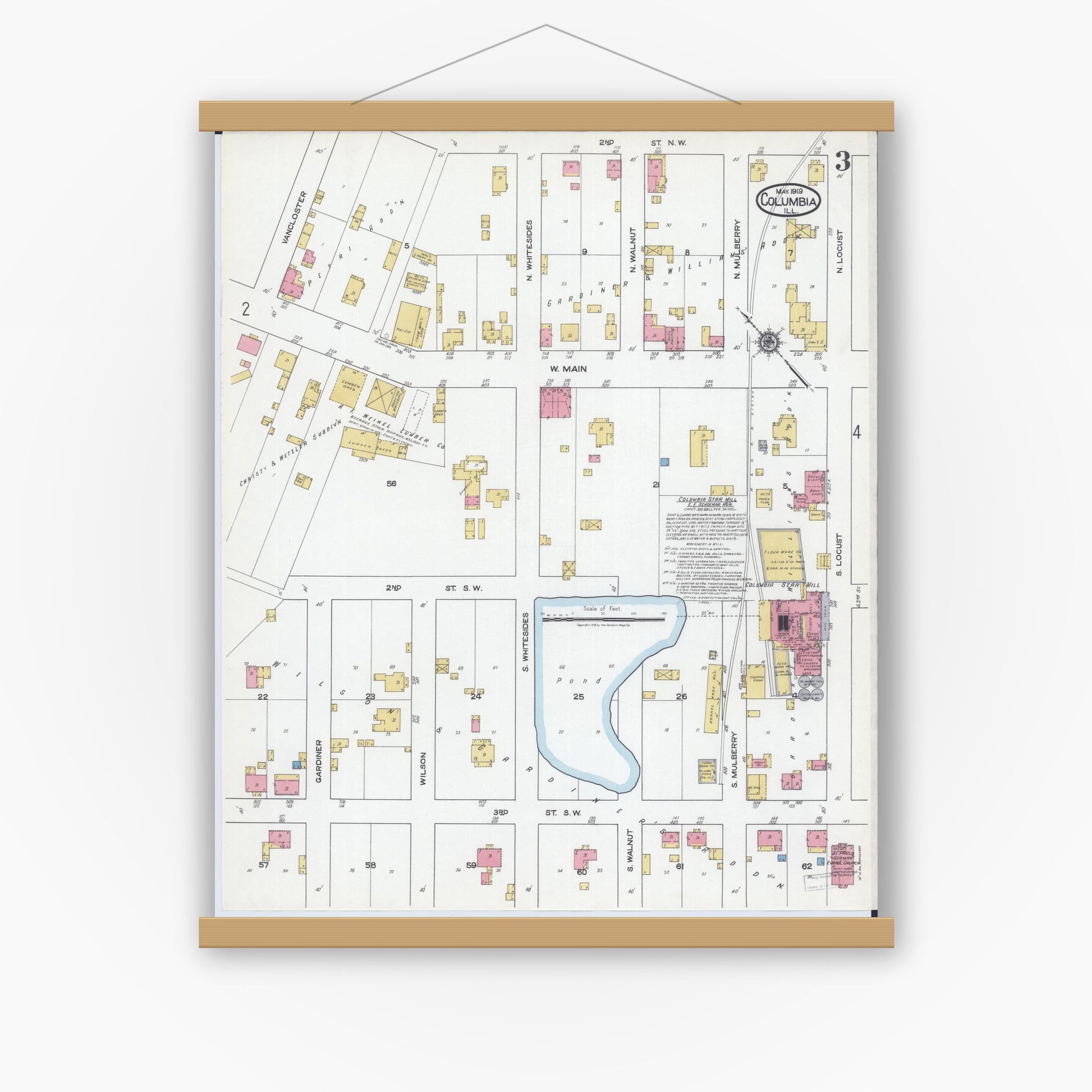 Old map wall art mockup — magnetic wood frame on white wall — Sanborn Fire Insurance Map from Columbia, Monroe County, Illinois (1919), Sheet #0003