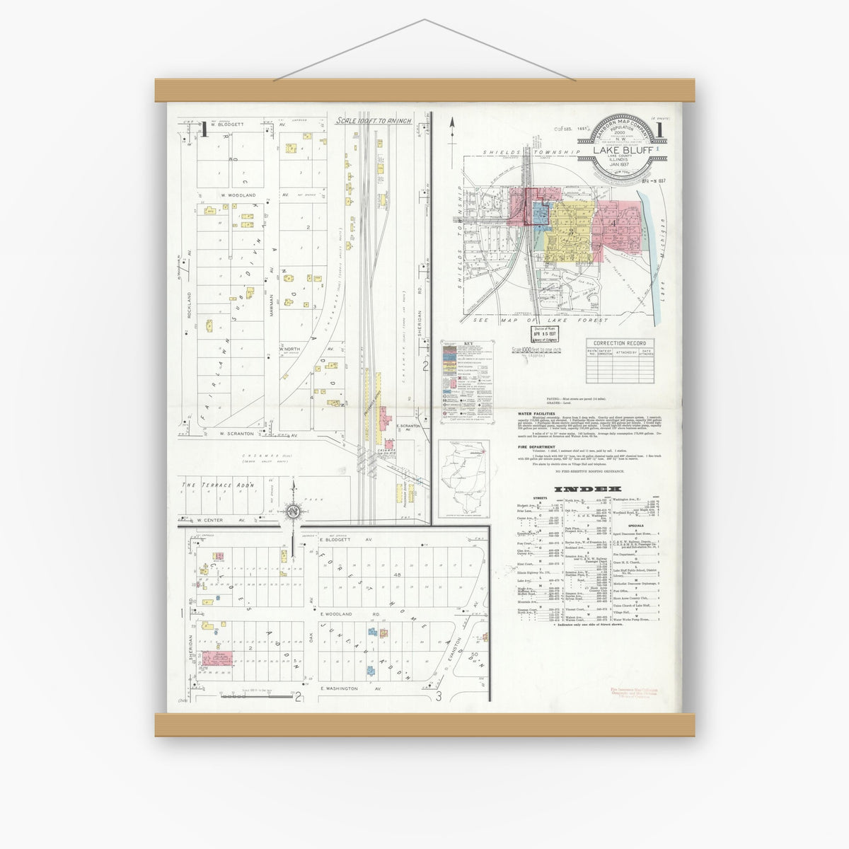 Old map wall art mockup — magnetic wood frame on white wall — Sanborn Fire Insurance Map from Lake Bluff, Lake County, Illinois (1937), Sheet #0001