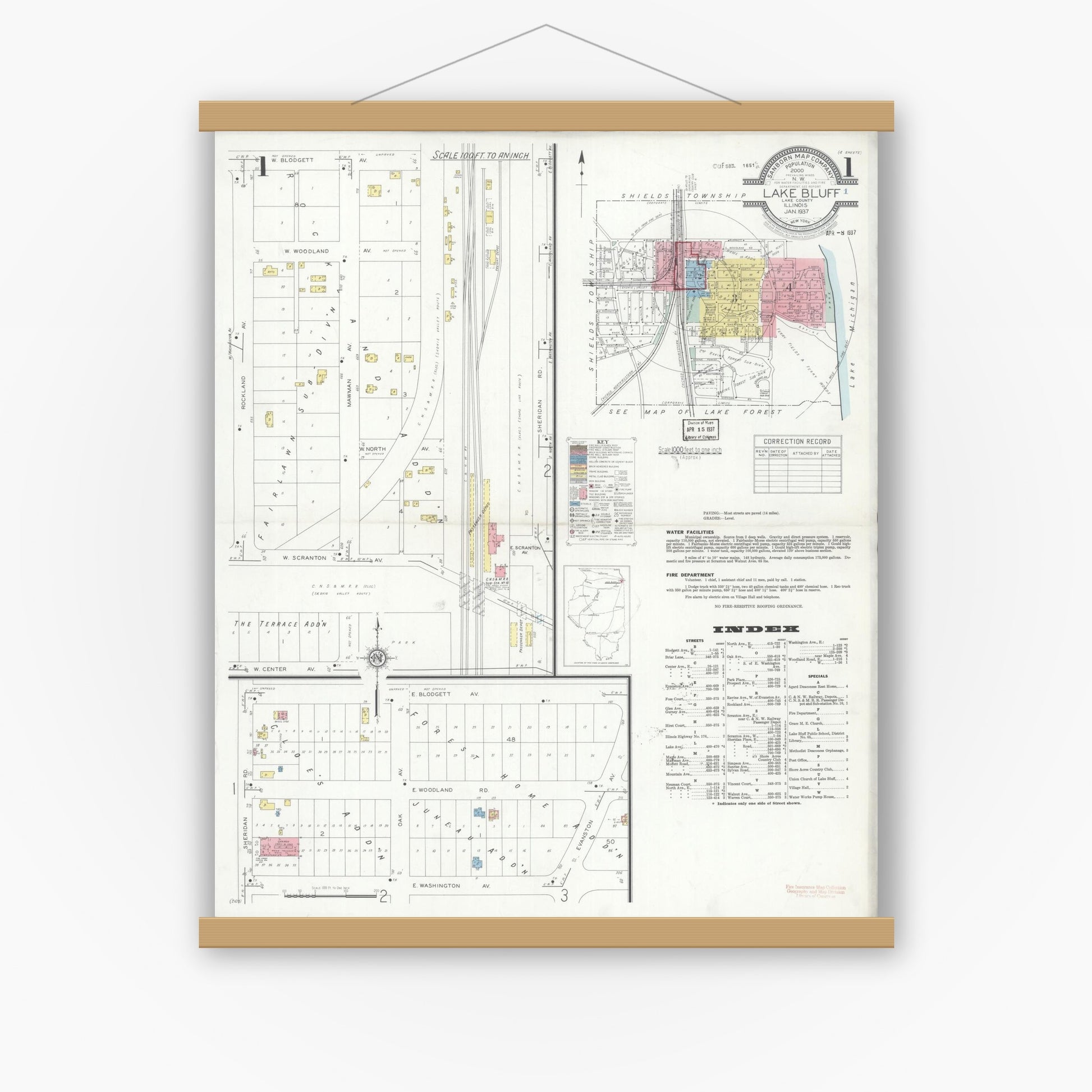 Old map wall art mockup — magnetic wood frame on white wall — Sanborn Fire Insurance Map from Lake Bluff, Lake County, Illinois (1937), Sheet #0001
