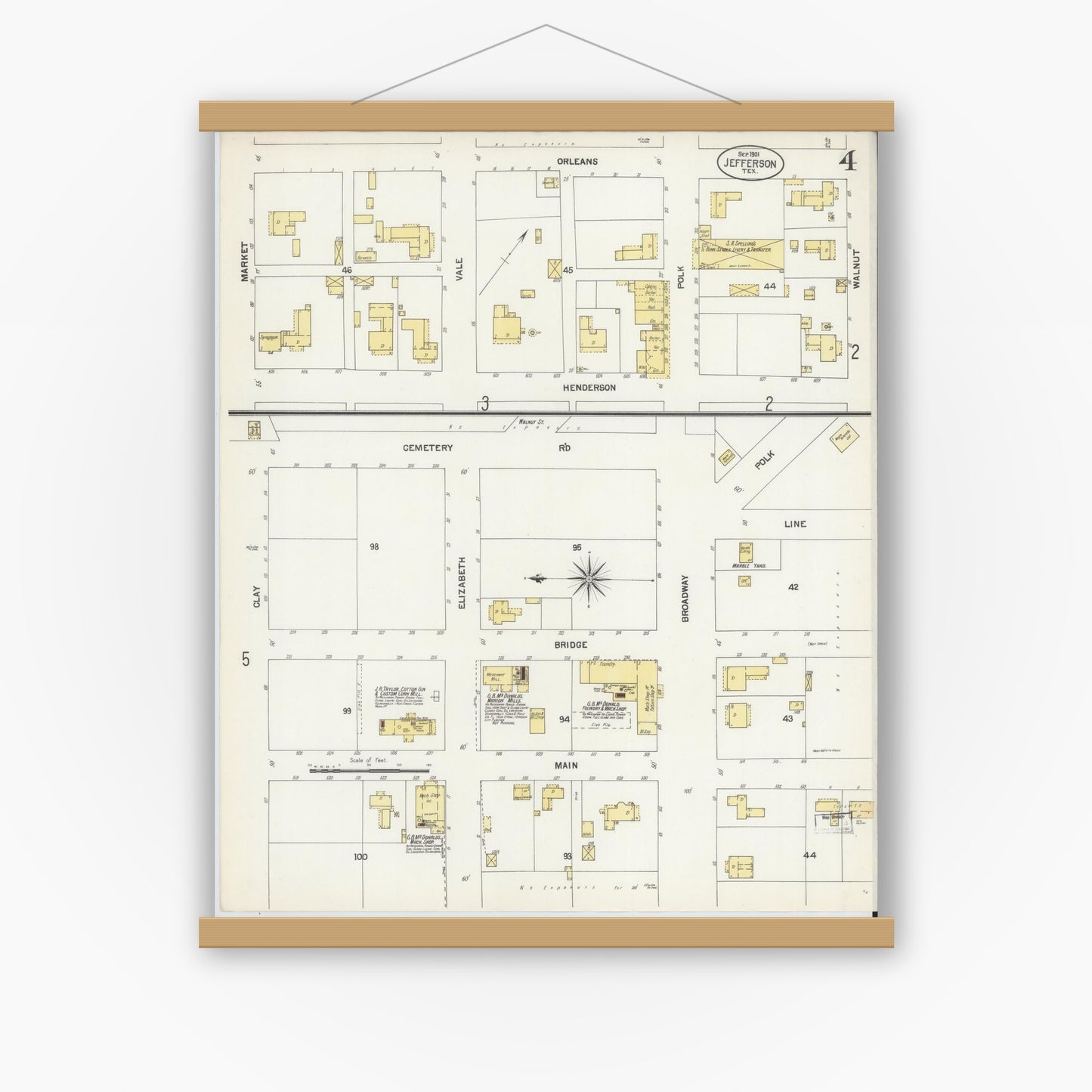 Old map wall art mockup — magnetic wood frame on white wall — Sanborn Fire Insurance Map from Jefferson, Marion County, Texas (1901), Sheet #0004