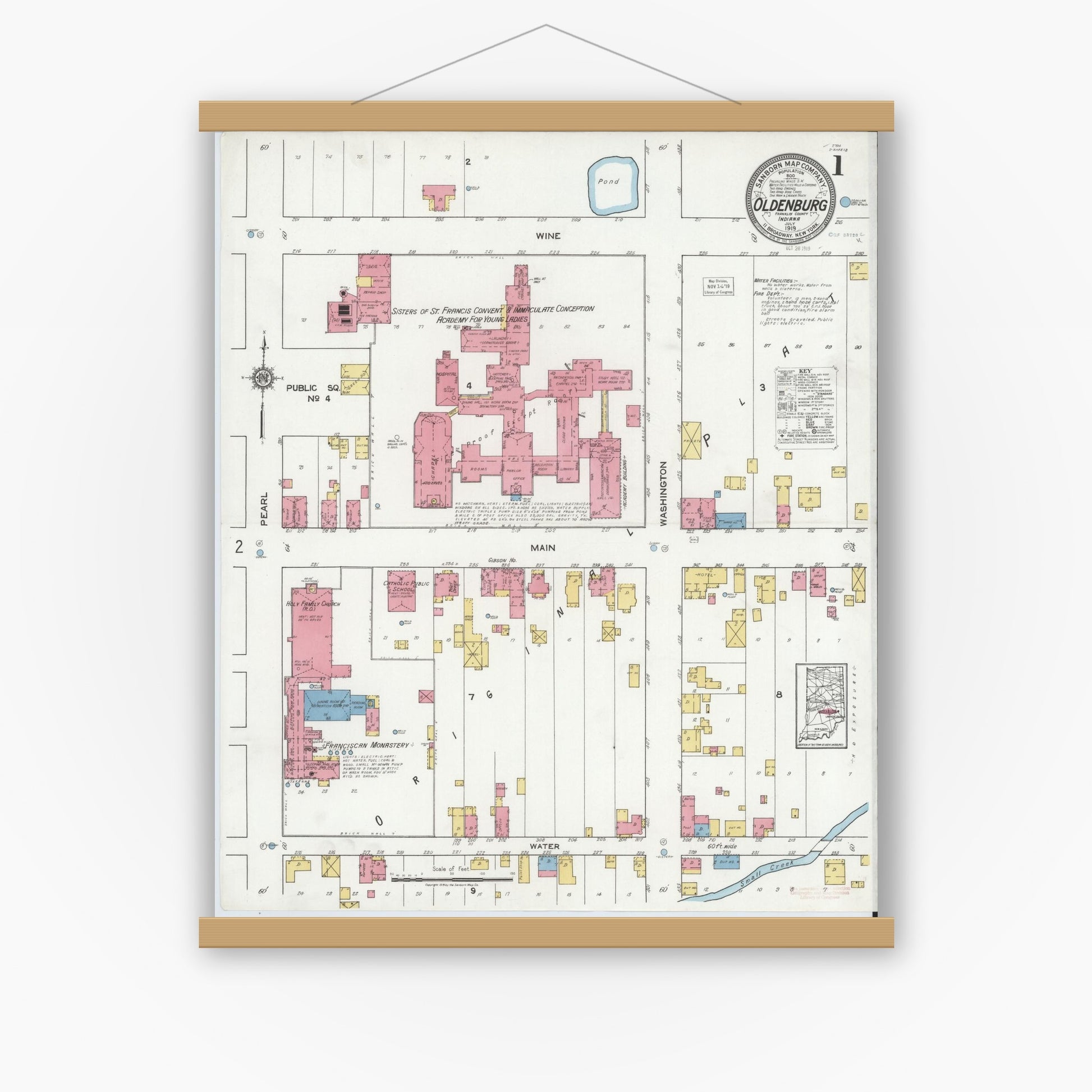 Old map wall art mockup — magnetic wood frame on white wall — Sanborn Fire Insurance Map from Oldenburg, Franklin County, Indiana (1919) - Complete Map Set
