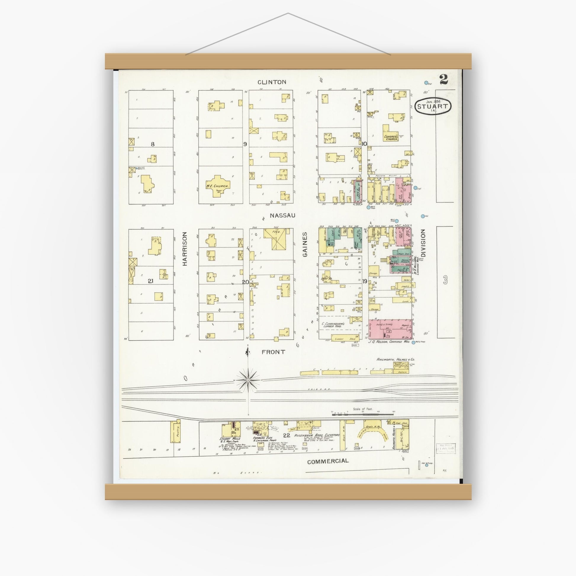 Old map wall art mockup — magnetic wood frame on white wall — Sanborn Fire Insurance Map from Stuart, Guthrie and Adair Counties, Iowa (1894), Sheet #0002