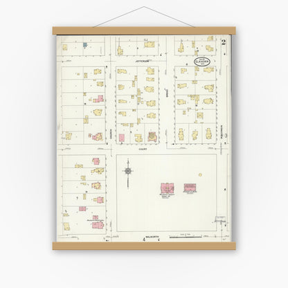 Old map wall art mockup — magnetic wood frame on white wall — Sanborn Fire Insurance Map from Elkhorn, Walworth County, Wisconsin (1911), Sheet #0002