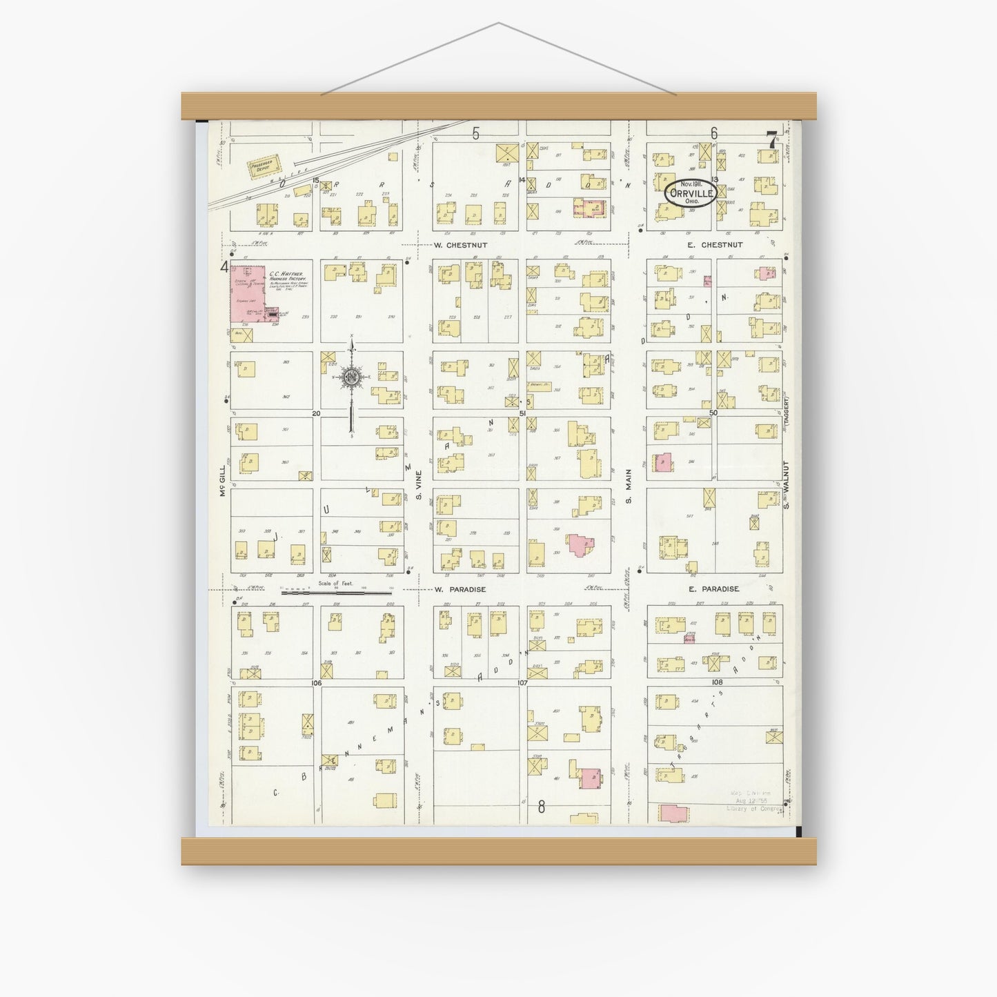 Old map wall art mockup — magnetic wood frame on white wall — Sanborn Fire Insurance Map from Orrville, Wayne County, Ohio (1911), Sheet #0007