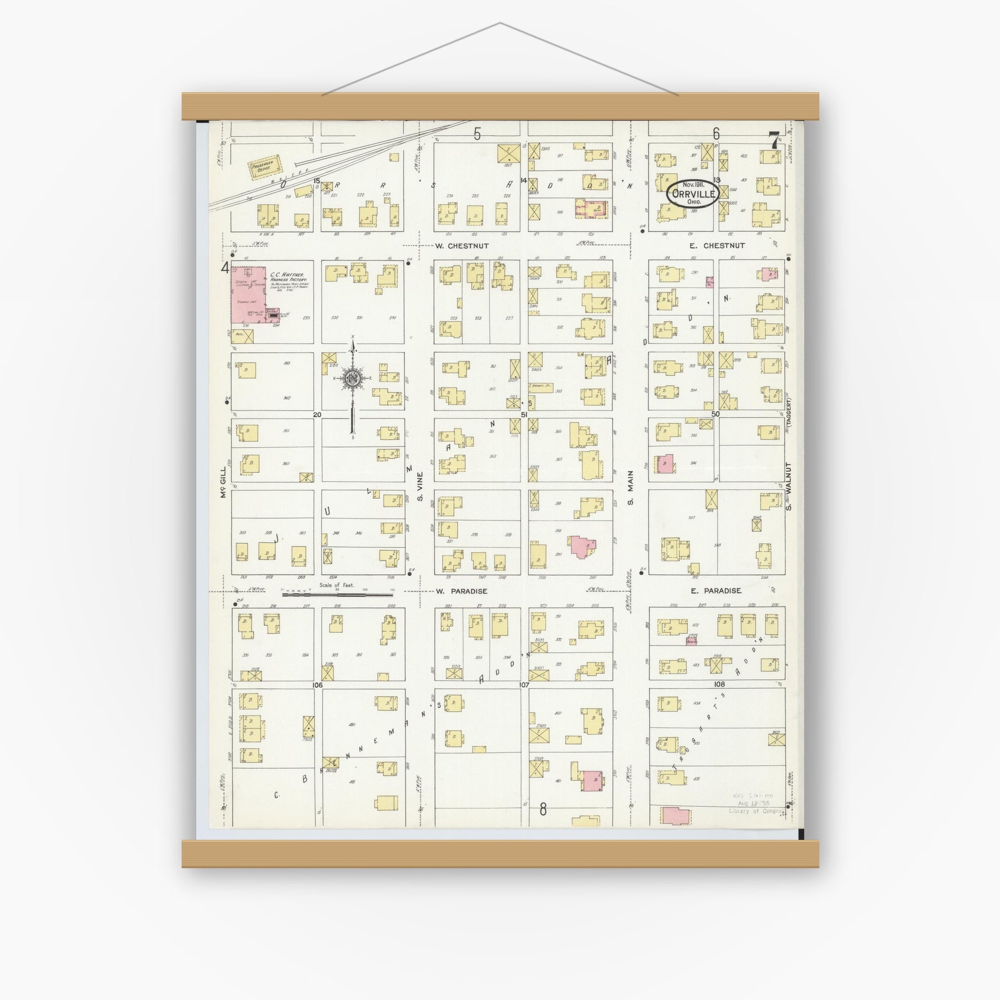 Old map wall art mockup — magnetic wood frame on white wall — Sanborn Fire Insurance Map from Orrville, Wayne County, Ohio (1911), Sheet #0007