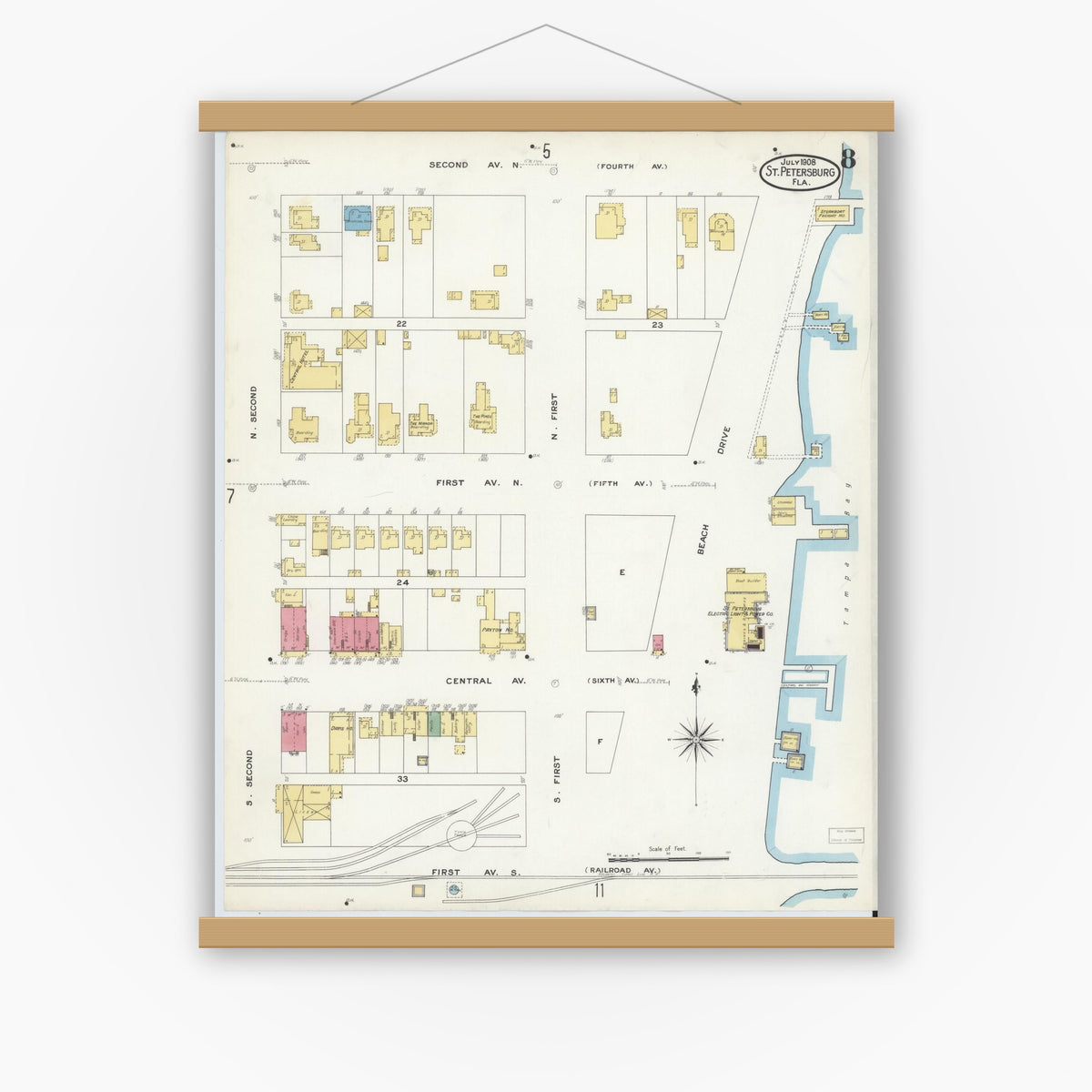 Old map wall art mockup — magnetic wood frame on white wall — Sanborn Fire Insurance Map from Saint Petersburg, Pinellas County, Florida (1908), Sheet #0008