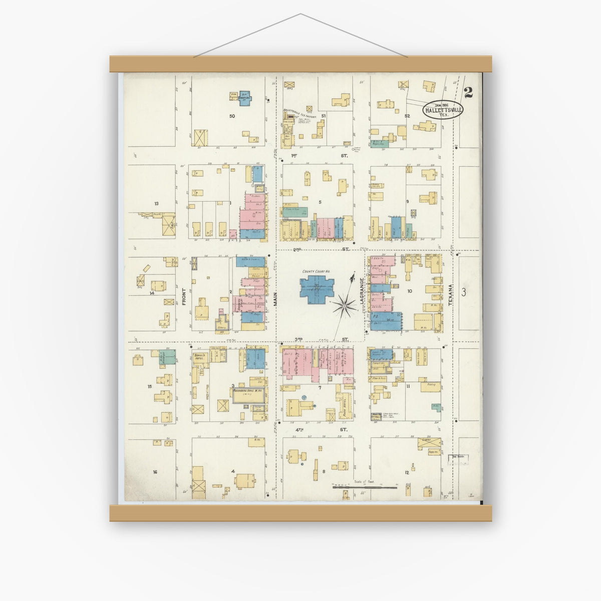 Old map wall art mockup — magnetic wood frame on white wall — Sanborn Fire Insurance Map from Hallettsville, Lavaca County, Texas (1906), Sheet #0002