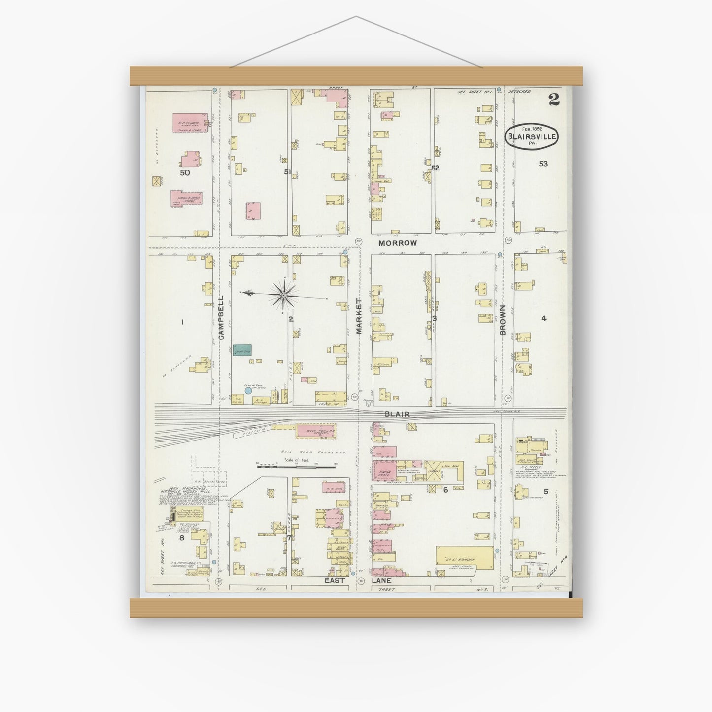 Old map wall art mockup — magnetic wood frame on white wall — Sanborn Fire Insurance Map from Blairsville, Indiana County, Pennsylvania (1892), Sheet #0002