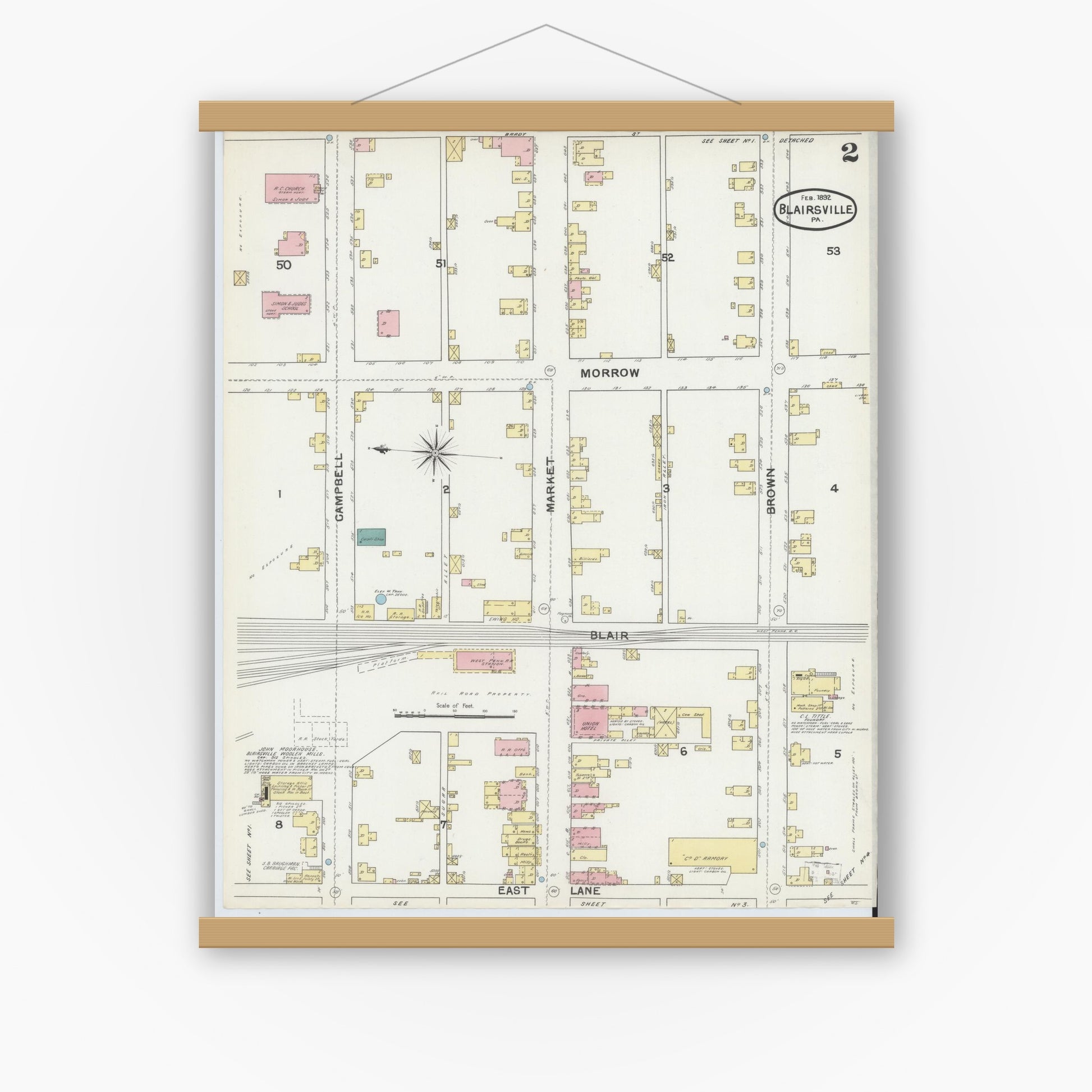 Old map wall art mockup — magnetic wood frame on white wall — Sanborn Fire Insurance Map from Blairsville, Indiana County, Pennsylvania (1892), Sheet #0002