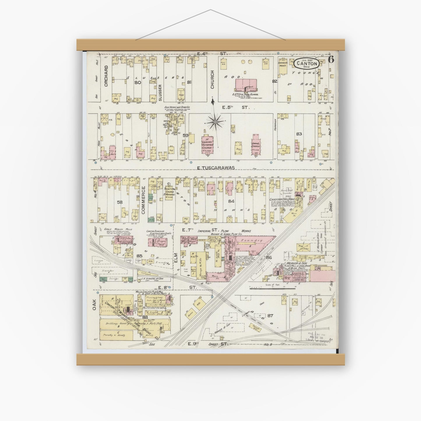 Old map wall art mockup — magnetic wood frame on white wall — Sanborn Fire Insurance Map from Canton, Stark County, Ohio (1887), Sheet #0006