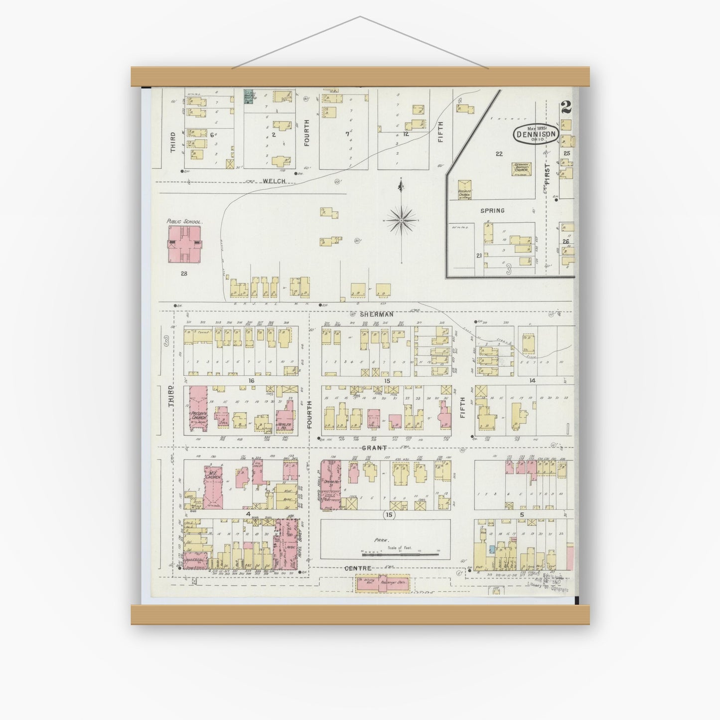 Old map wall art mockup — magnetic wood frame on white wall — Sanborn Fire Insurance Map from Dennison, Tuscarawas County, Ohio (1895), Sheet #0002