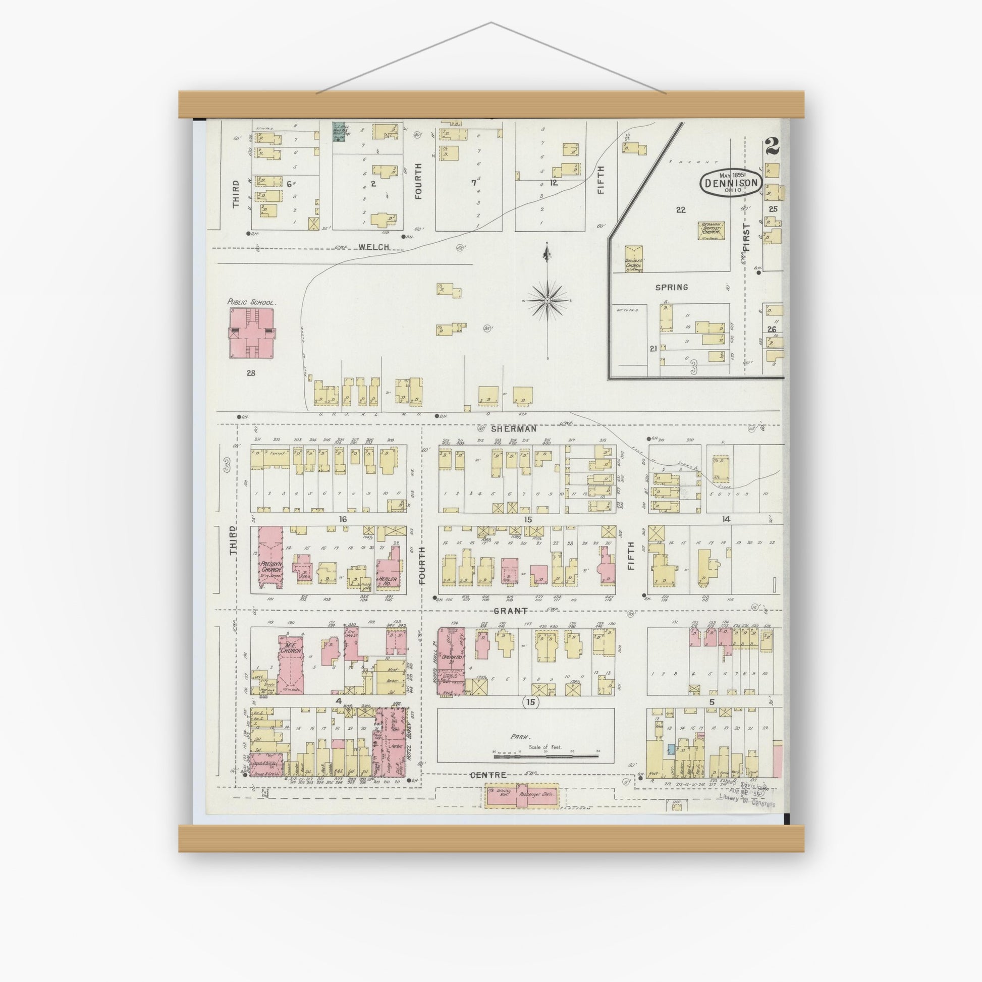 Old map wall art mockup — magnetic wood frame on white wall — Sanborn Fire Insurance Map from Dennison, Tuscarawas County, Ohio (1895), Sheet #0002