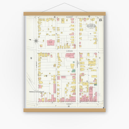 Old map wall art mockup — magnetic wood frame on white wall — Sanborn Fire Insurance Map from Washington, Washington County, Pennsylvania (1904), Sheet #0015