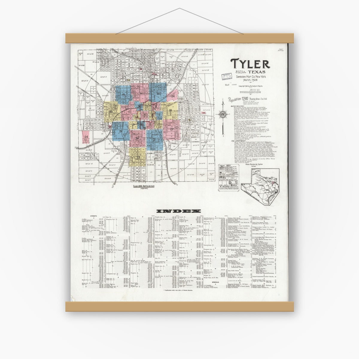 Old map wall art mockup — magnetic wood frame on white wall — Sanborn Fire Insurance Map from Tyler, Smith County, Texas (1928) - Complete Map Set