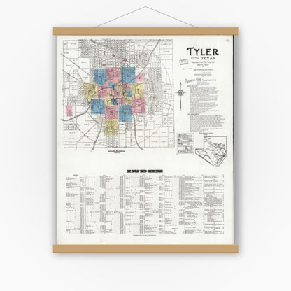 Old map wall art mockup — magnetic wood frame on white wall — Sanborn Fire Insurance Map from Tyler, Smith County, Texas (1928) - Complete Map Set