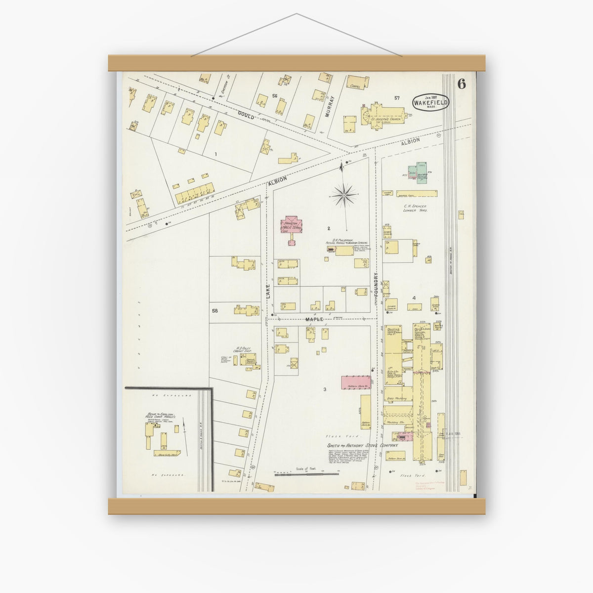Old map wall art mockup — magnetic wood frame on white wall — Sanborn Fire Insurance Map from Wakefield, Middlesex County, Massachusetts (1897), Sheet #0006