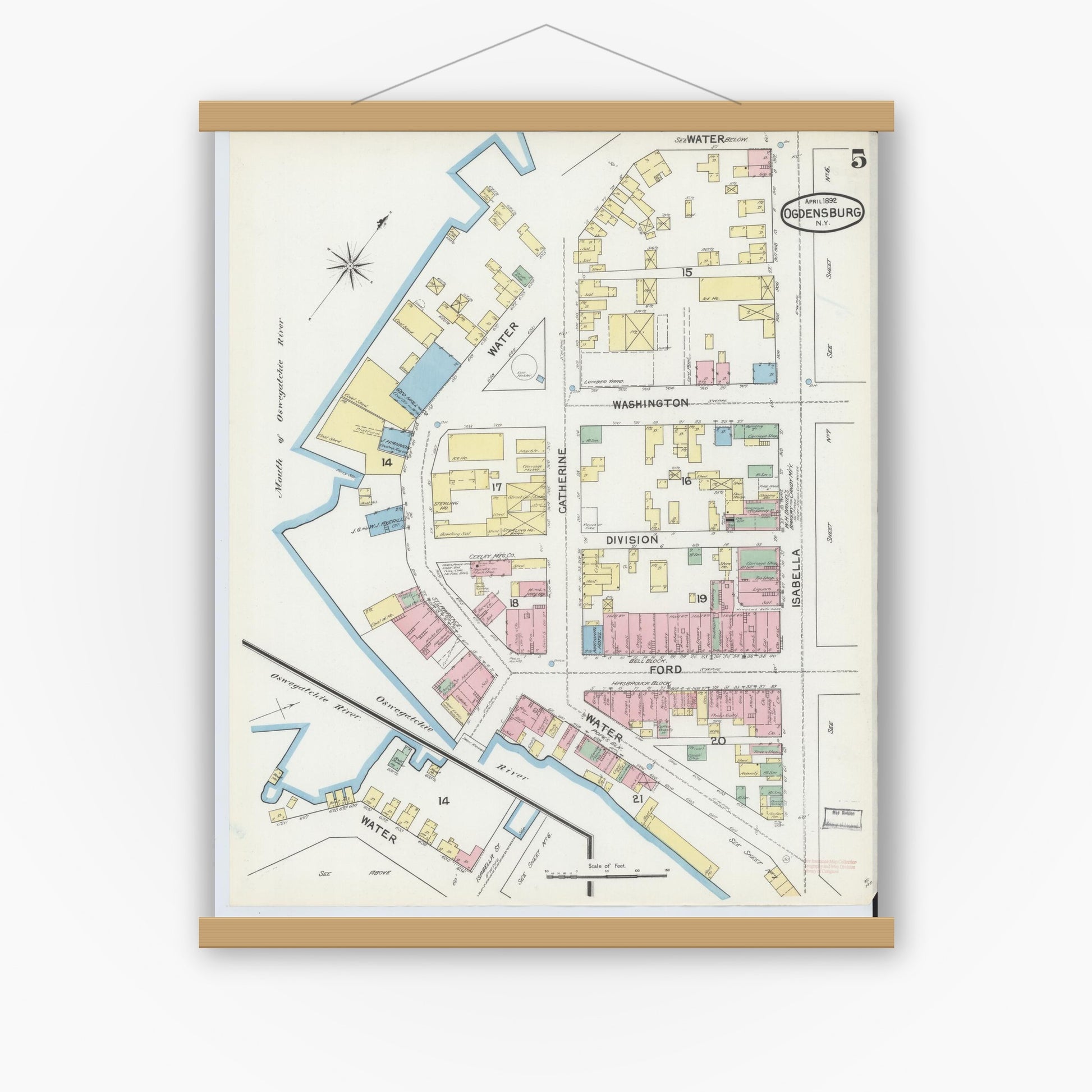 Old map wall art mockup — magnetic wood frame on white wall — Sanborn Fire Insurance Map from Ogdensburg, St. Lawrence County, New York (1892), Sheet #0004