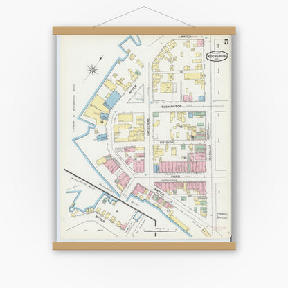 Old map wall art mockup — magnetic wood frame on white wall — Sanborn Fire Insurance Map from Ogdensburg, St. Lawrence County, New York (1892), Sheet #0004