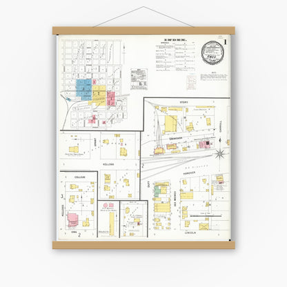 Old map wall art mockup — magnetic wood frame on white wall — Sanborn Fire Insurance Map from Ames, Story County, Iowa (1900), Sheet #0001