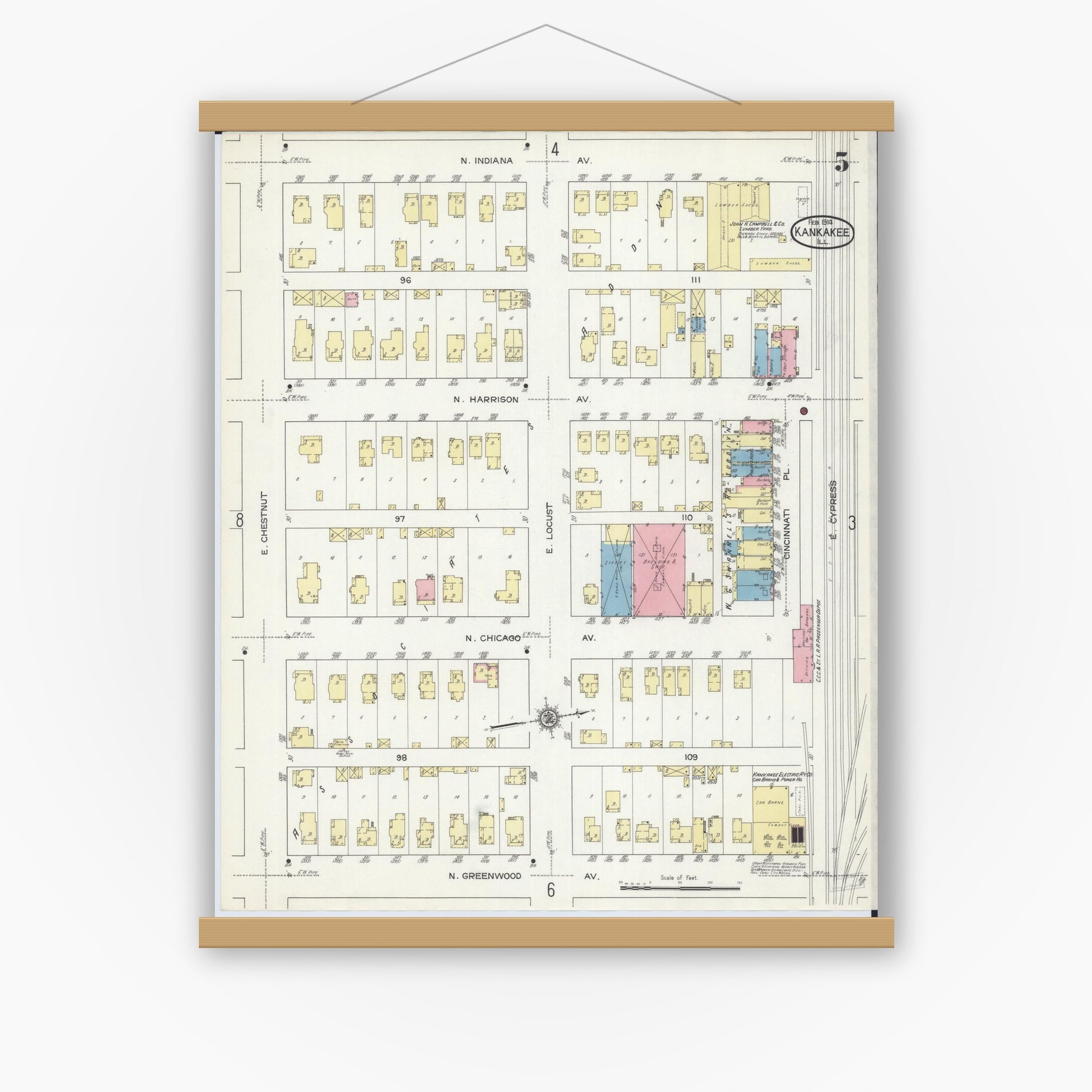 Old map wall art mockup — magnetic wood frame on white wall — Sanborn Fire Insurance Map from Kankakee, Kankakee County, Illinois (1914), Sheet #0005