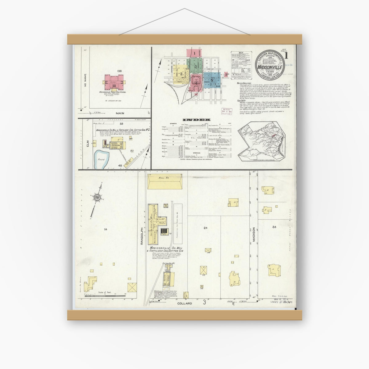 Old map wall art mockup — magnetic wood frame on white wall — Sanborn Fire Insurance Map from Madisonville, Madison County, Texas (1914) - Complete Map Set