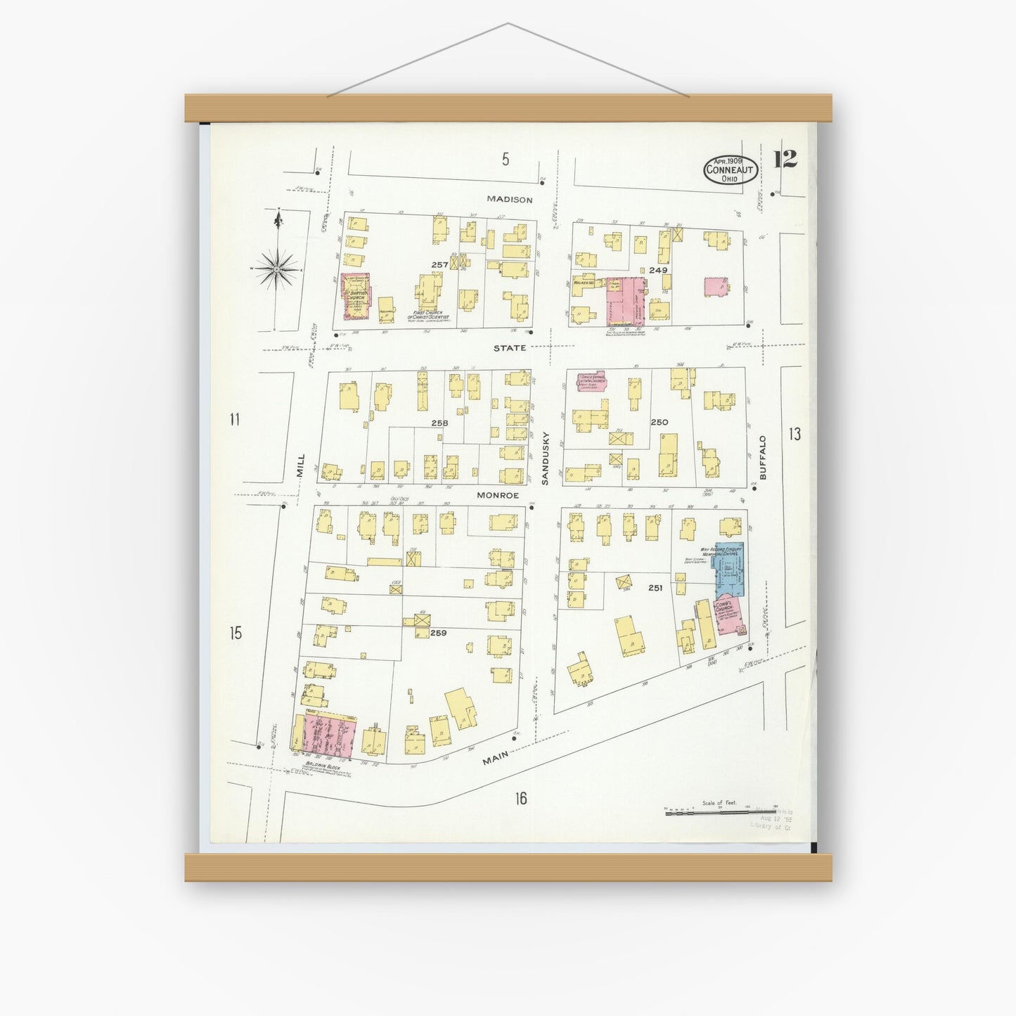 Old map wall art mockup — magnetic wood frame on white wall — Sanborn Fire Insurance Map from Conneaut, Ashtabula County, Ohio (1909), Sheet #0012